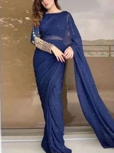 Heavy Embroidered Blue Chiffon Pearl Work Stitched Saree (Code:20605)