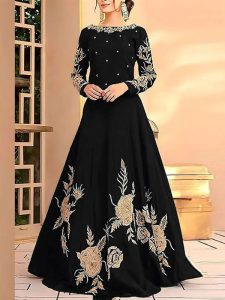 Stitched Embroidered China Silk Black Maxi Dress (Code:20673)