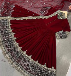 Readymade 3 PCs Maroon Chiffon Sequence Embroidered Dress Chiffon Embroidery Dupatta Plain Trouser (Code:20670)