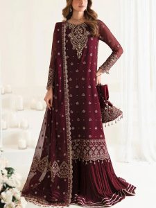 Heavy Chiffon Embroidered Dress With 4 Side Embroidered Dupatta (Unstitched) (Code:21613)