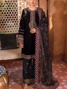 Heavy Embroidered Velvet Dress With Embroidered Organza Dupatta (Unstitched) (Code:21630)