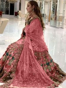 Luxury Mirror & Handwork Heavy Embroidered Net Mehndi Bridal Lehenga Dress (Unstitched) (Code:22190)