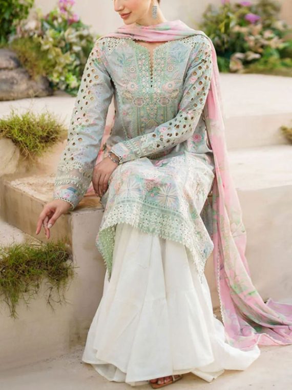 IZNIK Design Heavy Embroidered Lawn Dress With Printed Chiffon Dupatta (Unstitched) (Code:23066)