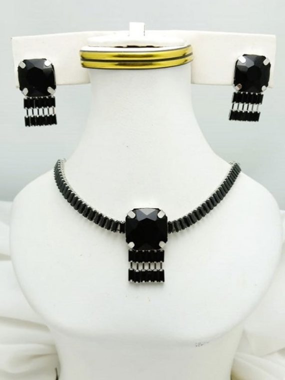 Elegant Zircon American Diamond AD Black Necklace Set with Tops (Code:22568)