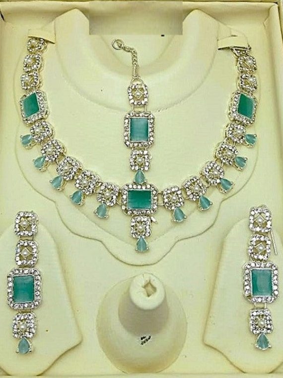 Beautiful Sea Green Zircon Necklace Set with Earrings & Tikka (Code:23105)