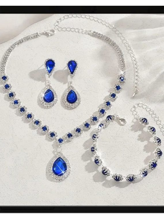 Blue Zircon & Stone Necklace Jewelry Set With Earrings & Bracelet (Code:23136)