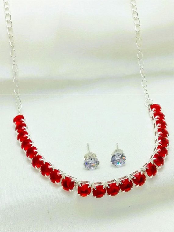 Stylish Maroon Silver AD Zircon Necklace Set With Tops (Code:22578)