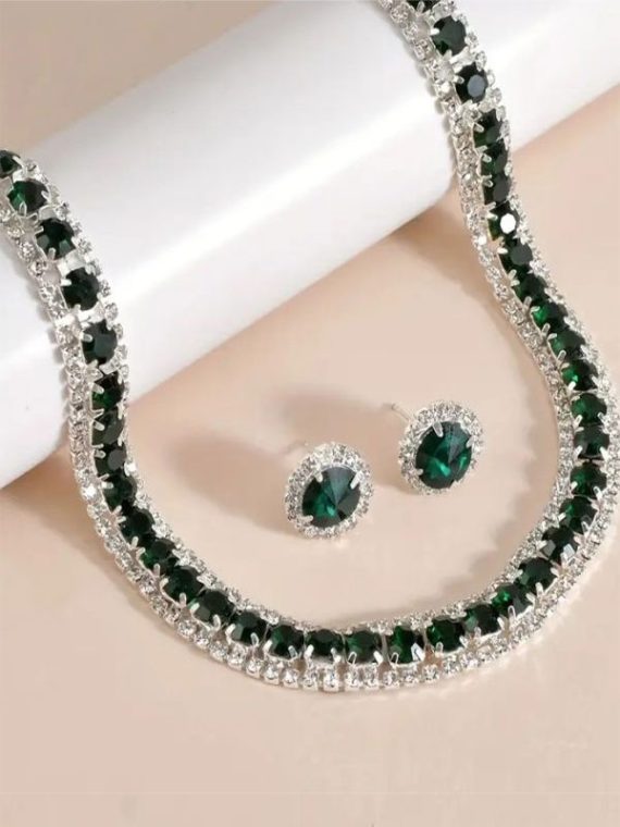 Stylish Emerald Green Zircon Necklace Set With Earrings (ZV:29565)