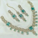 Beautiful Sea Green Zircon Necklace Set with Earrings & Tikka (Code:23105) - Image 2