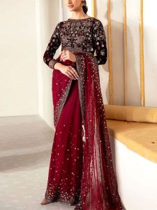 JAZMIN Design Luxury Heavy Embroidered Velvet + NET Bridal Saree (Unstitched) (Code:22976)