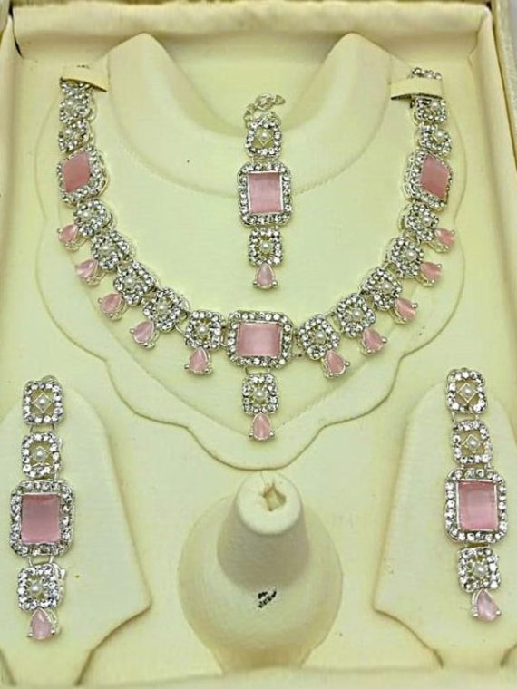 Silver Tea Pink Zircon Necklace Set with Earrings & Tikka (Code:23111)