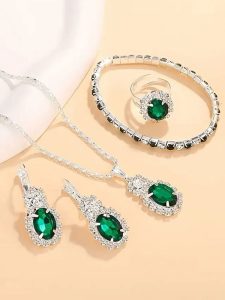 Elegant Fashion Green Oval Necklace Set with Ring, Earrings & Bracelet (Code:22753)