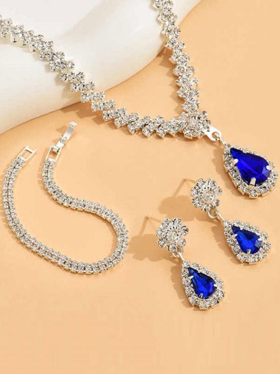 Style Silver With Blue Stone Necklace Set With Earrings & Bracelet (Code:22556)