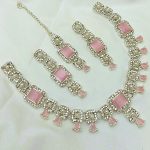 Silver Tea Pink Zircon Necklace Set with Earrings & Tikka (Code:23111) - Image 2