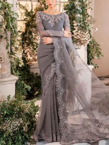 Luxury 3D Handwork Heavy Embroidered NET Bridal Saree 2024 (Unstitched) (Code:22673)