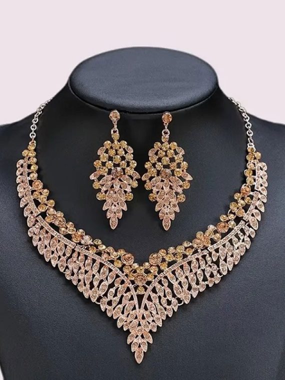 Elegant Champagne Gold Zircon Necklace Set With Earrings (Code:22560)