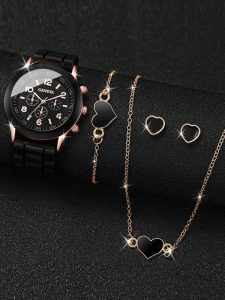 Beautiful Black Watch For Women with Heart Jewelry Combo Set (Code:23118)