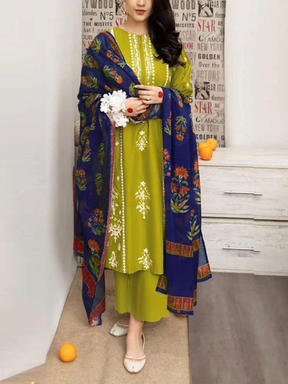 3 PCs Heavy Embroidered Lawn Dress With Printed Diamond Zari Dupatta (Unstitched) (Code:24578)