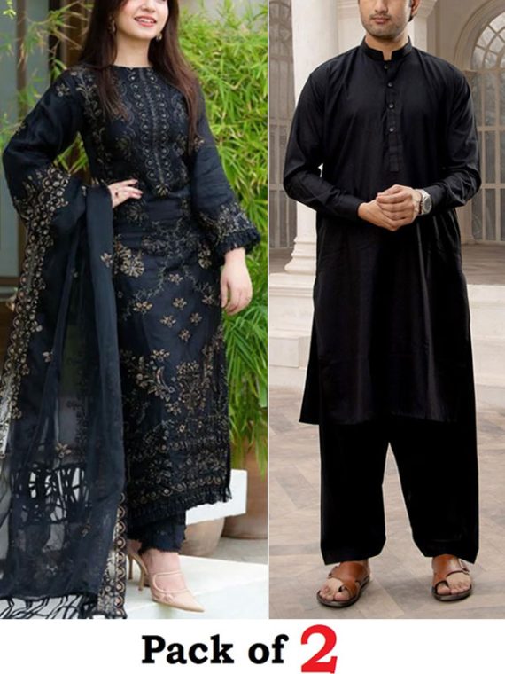 DEAL PACK OF 2 – Women’s 3 Pec Cotton Lawn Heavy Embroidered Dress & Men’s Soft Cotton Kameez Shalwar(Unstitched) (Code:24705)