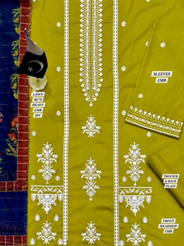 3 PCs Heavy Embroidered Lawn Dress With Printed Diamond Zari Dupatta (Unstitched) (Code:24578)