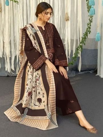 Heavy Embroidered Lawn Dress With Digital Printed Zari Dupatta (Unstitched) (Code:24354)