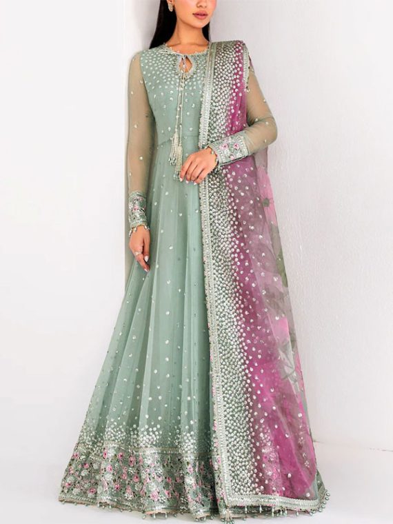 JAZMIN Design Fancy Heavy Embroidered Chiffon Maxi Dress With NET Embroidered Dupatta (Unstitched) (Code:27052)