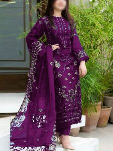 Lawn Cotton Heavy Embroidered Dress With Bamber Chiffon Embroidered Dupatta (UnStitched) (Code:27138)