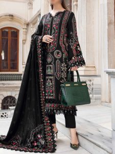 Cotton Heavy Embroidered Dress With Chiffon Embroidered Dupatta Plain Trouser (Unstitched) (Code:27994)