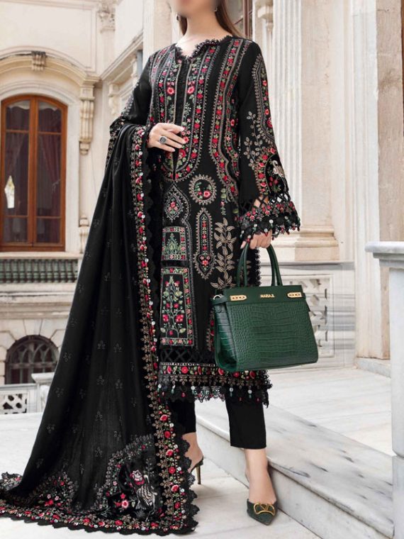 Cotton Heavy Embroidered Dress With Chiffon Embroidered Dupatta Plain Trouser (Unstitched) (Code:27994)