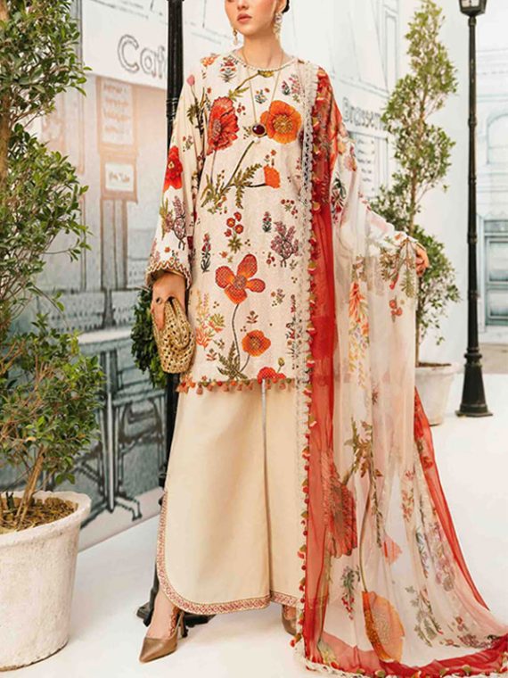 MARIA B Design 3 PCs Lawn Heavy Embroidered Dress With Chiffon Embroidered Dupatta (Unstitched) (Code:28522)