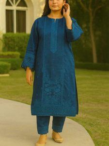 2 PCs Embroidered Lawn Dress With Embroidered Trouser (Unstitched) (Code:28666)