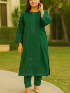 2 PCs Embroidered Lawn Dress With Embroidered Trouser (Unstitched) (Code:28672)