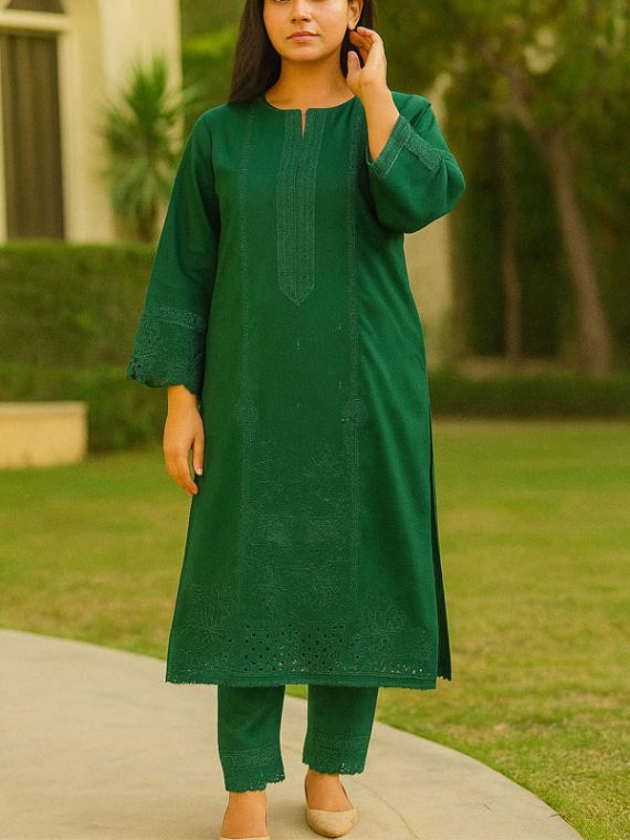 2 PCs Embroidered Lawn Dress With Embroidered Trouser (Unstitched) (Code:28672)