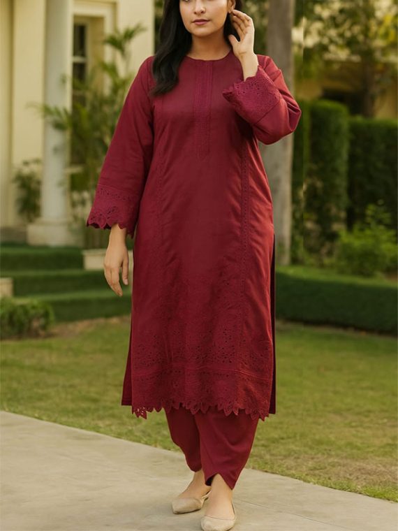2 PCs Embroidered Lawn Dress With Embroidered Trouser (Unstitched) (Code:28679)