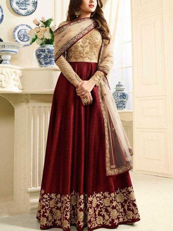 Indian Chiffon Heavy Embroidered Maxi Dress (Unstitched) (Code:29602)
