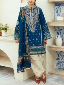 2 PCs Heavy Embroidered Lawn Dress With Embroidered Trouser (Unstitched) (Code:29778)