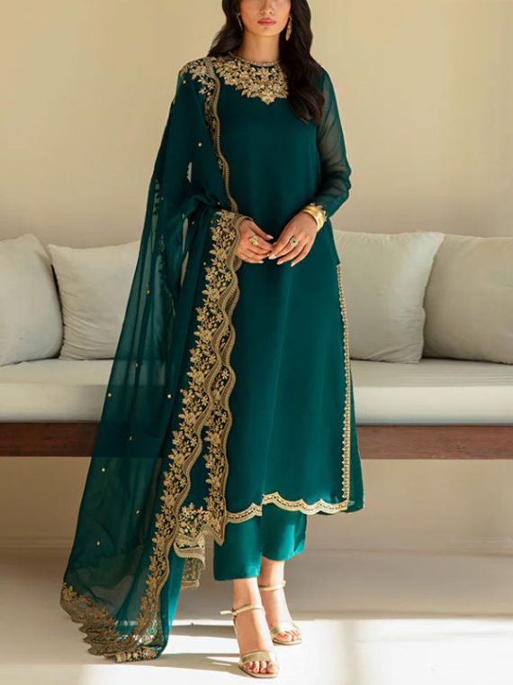 BAROQUE Design Heavy Chiffon Embroidered Dress With Embroidered Chiffon Dupatta (Unstitched) (Code:29784)