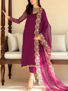 BAROQUE Design Heavy Chiffon Embroidered Dress With Embroidered Chiffon Dupatta (Unstitched) (Code:29788)