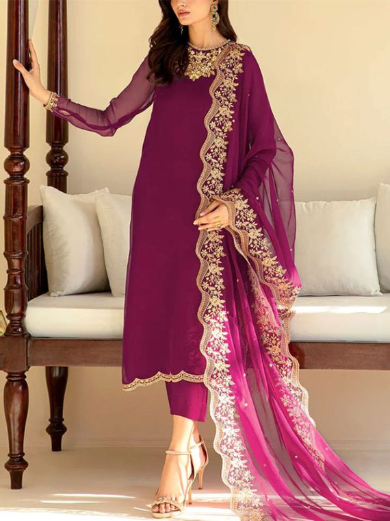 BAROQUE Design Heavy Chiffon Embroidered Dress With Embroidered Chiffon Dupatta (Unstitched) (Code:29788)