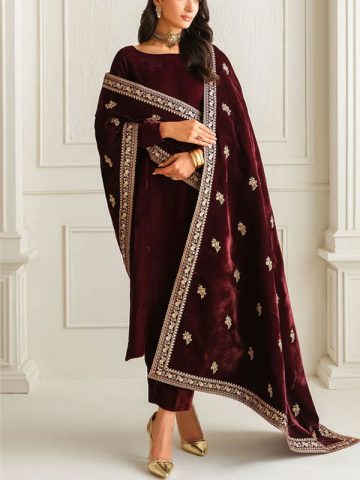 BAROQUE Velvet 3 PCs Dress With Heavy Embroidered Velvet Shawl (Unstitched) (Code:30874)
