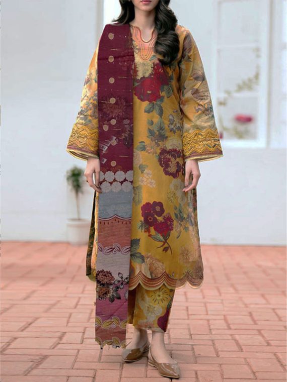 3 PCs Printed Khaddar Dress With Digital Printed Khaddar Dupatta (Unstitched) (Code:30915)