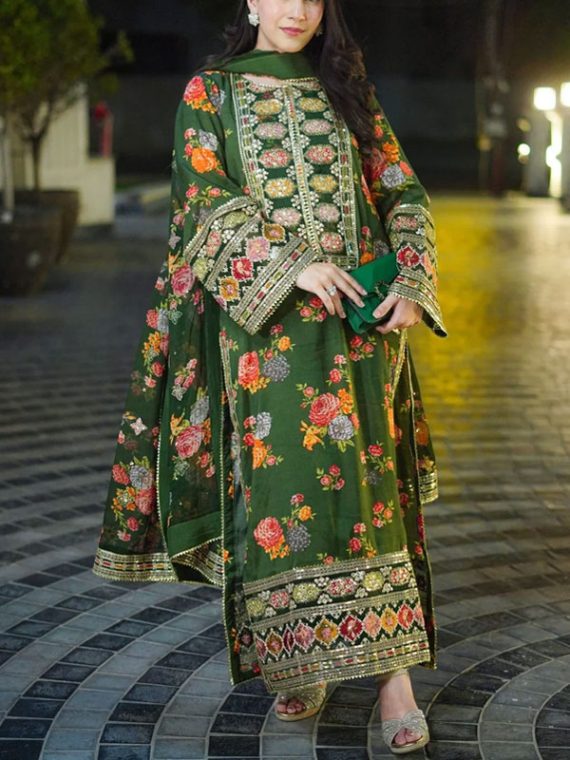Anila's Same As Original Shamoze Silk Heavy Embroidered Dress With Printed Silk Heavy Embraided Dupatta (Unstitched) (Code:30634)