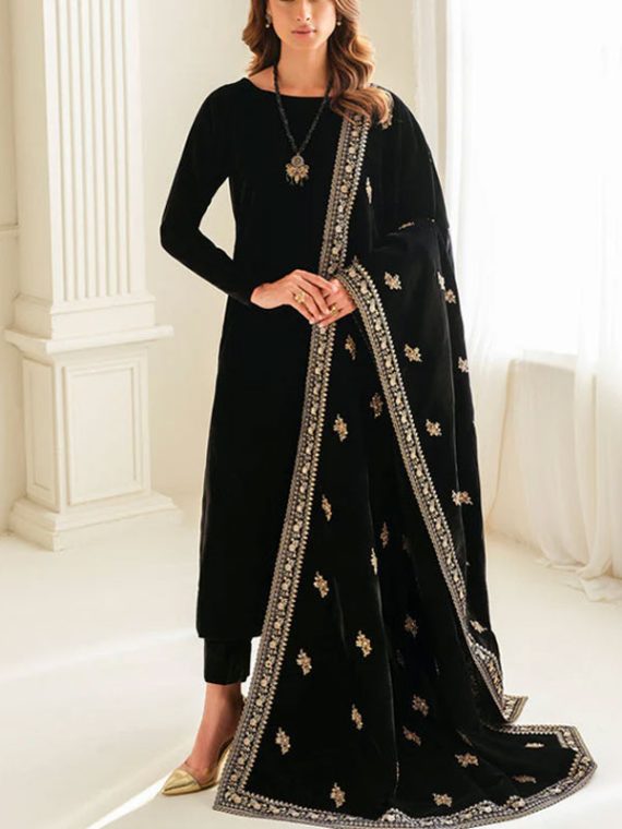 BAROQUE Velvet 3 PCs Dress With Heavy Embroidered Velvet Shawl (Unstitched) (Code:30876)