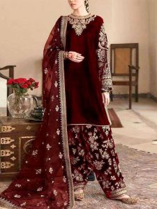 Velvet Luxury Embroidered Wedding Dress With Net Embroidered Dupatta (Unstitched) (Code:30408)