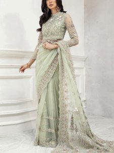 MARIA B Design NET Sequence Heavy Embroidered Saree (Unstitched) (Code:31229)