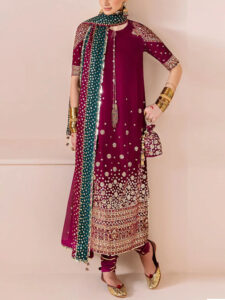 Luxury Velvet 3 PCs Embroidered Dress With Chiffon Embroidered Dupatta (Unstitched) (Code:31068)