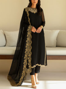 BAROQUE Design Heavy Chiffon Embroidered Dress With Embroidered Chiffon Dupatta (Unstitched) (Code:31053)