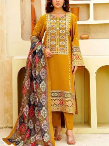Aneela’s Heavy Embroidered Gilded Dhanak Dress with Printed Wool Shawl (Unstitched) (Code:31786)