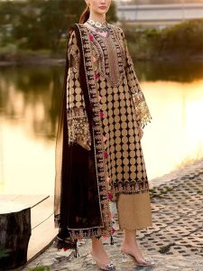 Digital Print Beige Dhanak Winter Dress with Dhanak Shawl (Unstitched) (Code:31794)