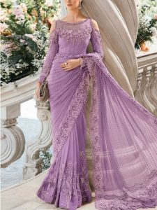 NET Heavy Sequence Embroidered Pearls Work Saree 7 Yard (Unstitched) (Code:31803)
